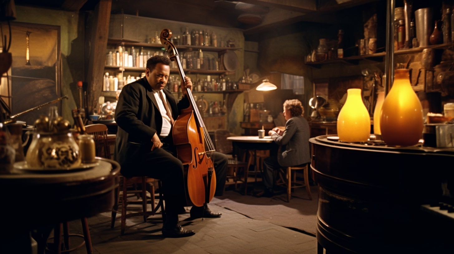 Charles Mingus playing the double bass,