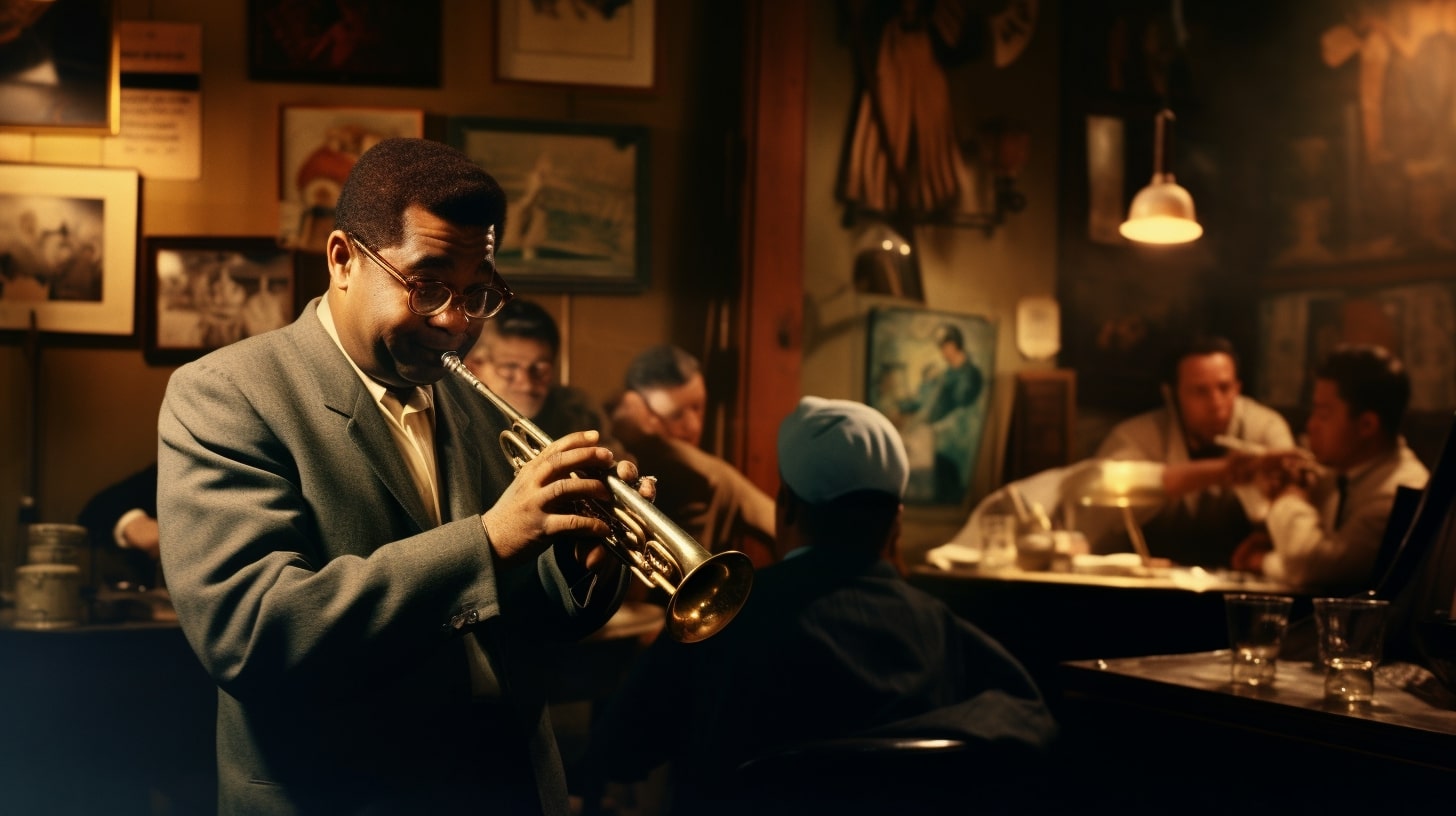 Dizzy Gillespie playing the trumpet.