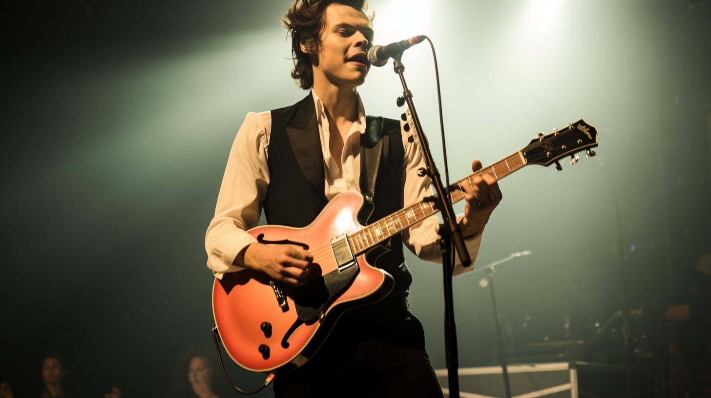 Harry Styles playing the electric guitar.