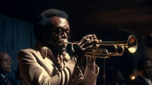 Miles Davis playing the trumpet.