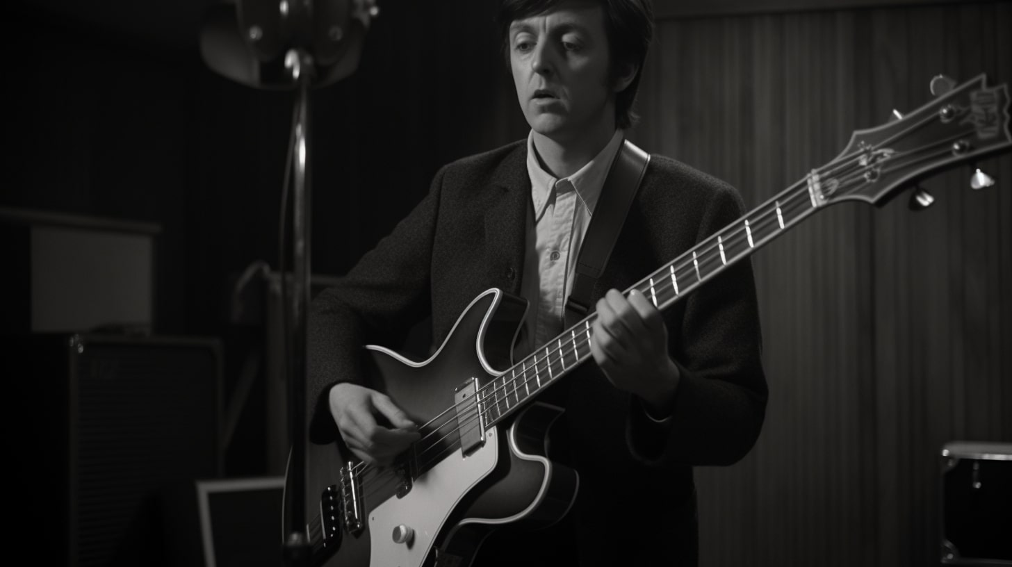 Paul McCartney playing the electric guitar.